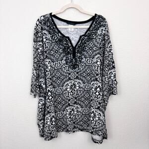 Ulla Popken Womens Blouse Top Size 32 / 34 Embroidered Metallic Floral Black